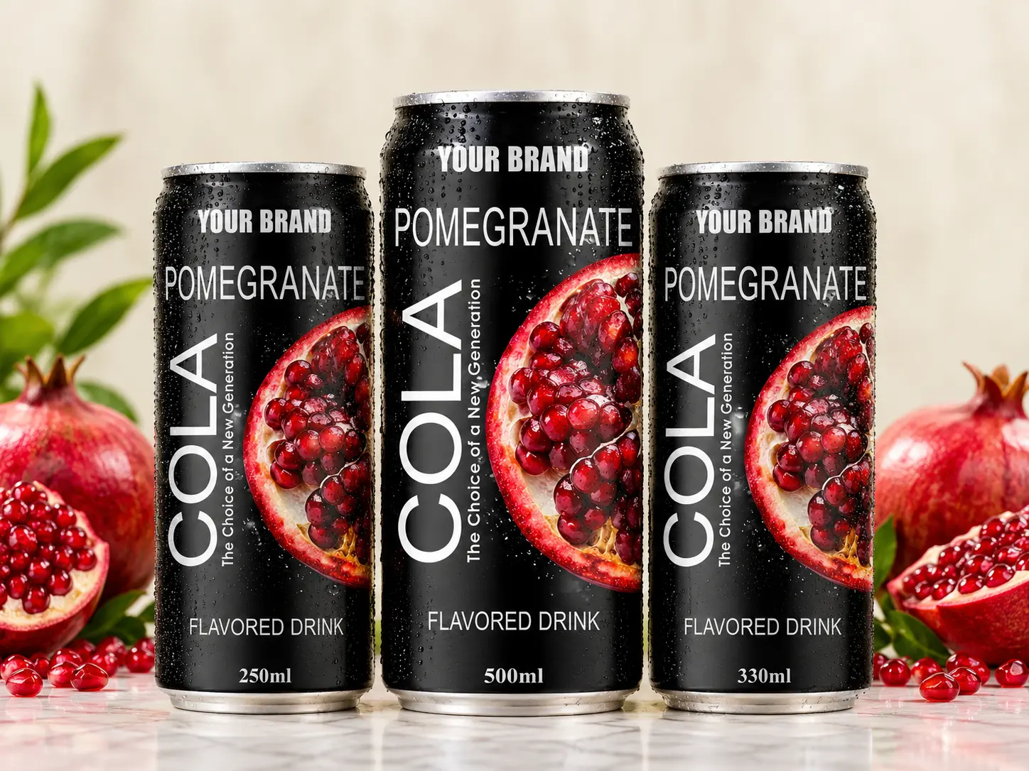 COLA DRINK Pomegranate flavour in 250ml, 500ml, and 330ml cans.